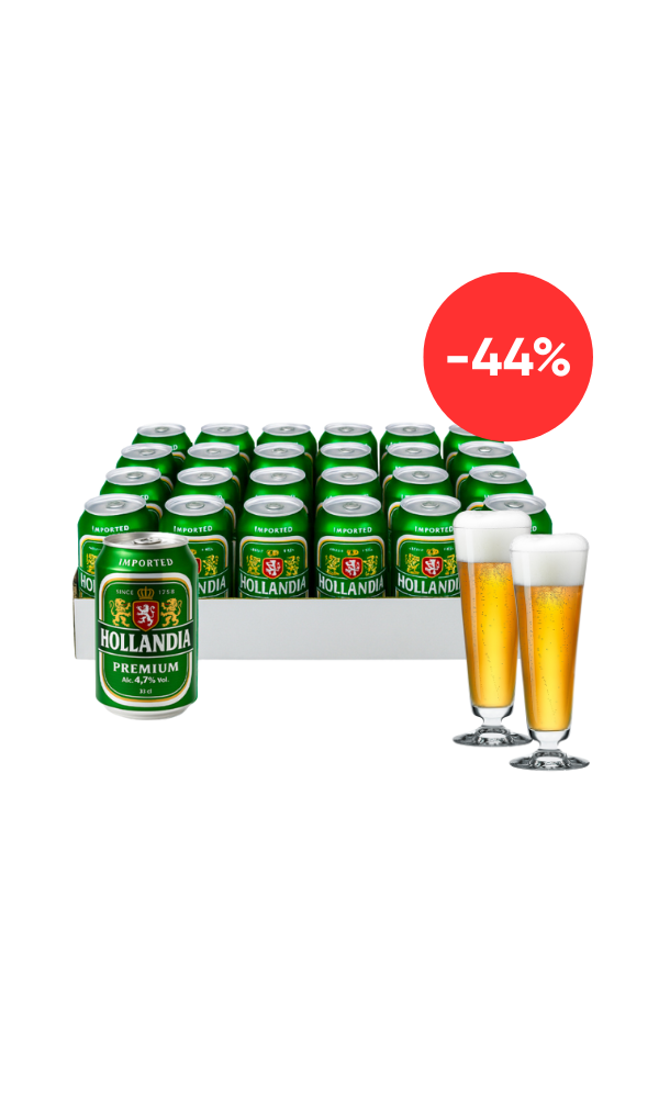 Cerveza Hollandia lata 330 ml. x 24 latas + GRATIS: 2 copas tumbler