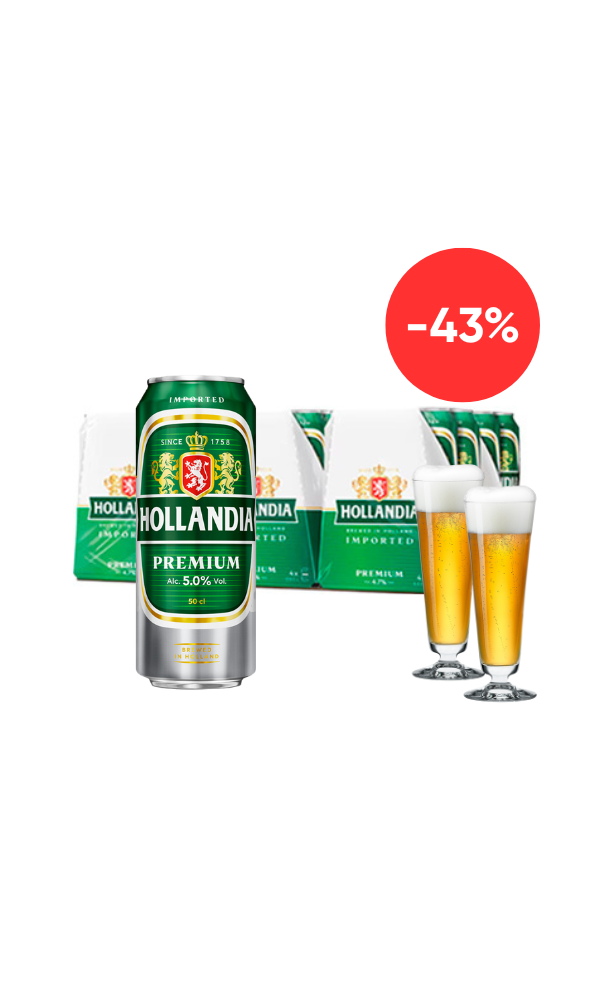 Cerveza Hollandia lata 500 ml x24 latas + GRATIS: 2 copas tumbler